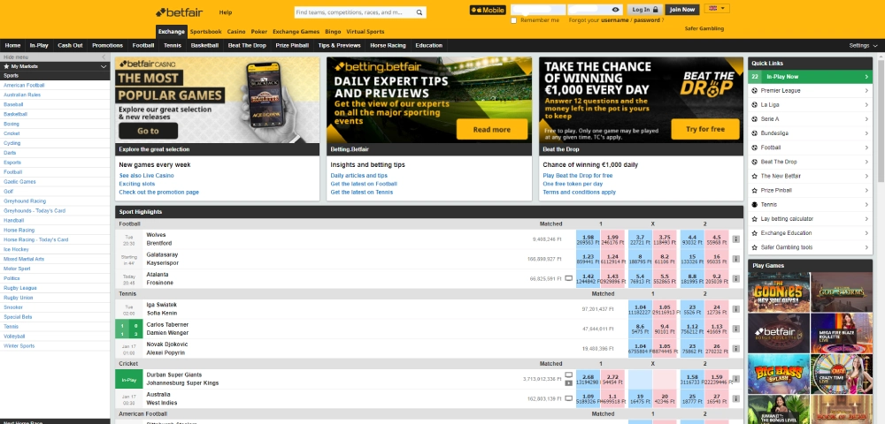 betfair exchange user interface