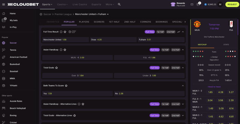cloudbet soccer user interface
