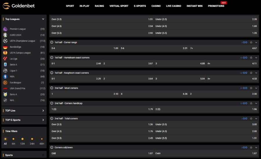 Goldenbet betting site available corner markets on pre-match football screenshot