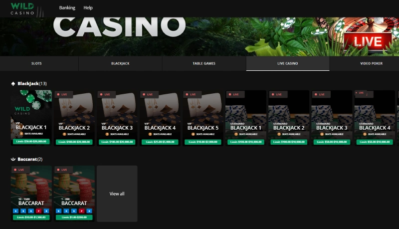 Live dealer list at wild casino gambling site