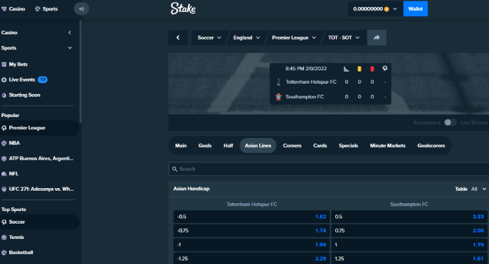 Asian lines and user interface of stake.com betting site