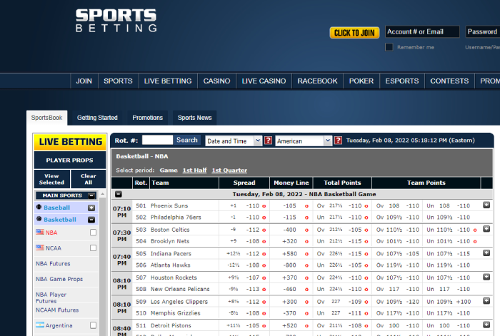 main platform and user interface with sports event odds at sportsbetting.ag