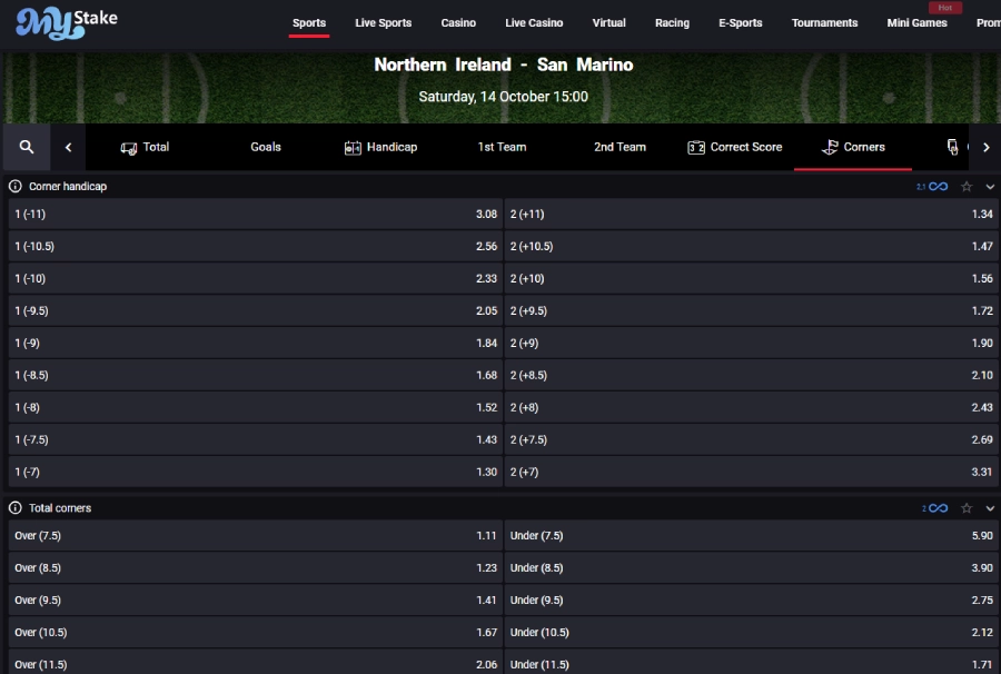 Mystake betting site corner markets screenshot