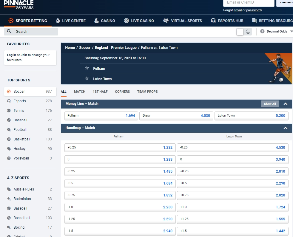 sharp odds and asian handicap markets on a football match at pinnacle sports betting site