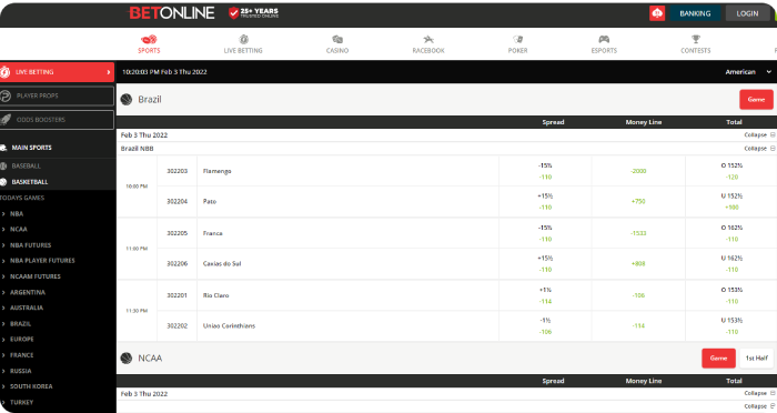 user interface, betting markets of BetOnline screenshot