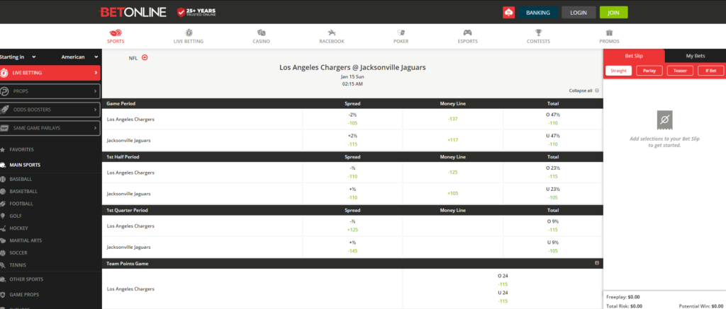 betonline live betting user interface with odds