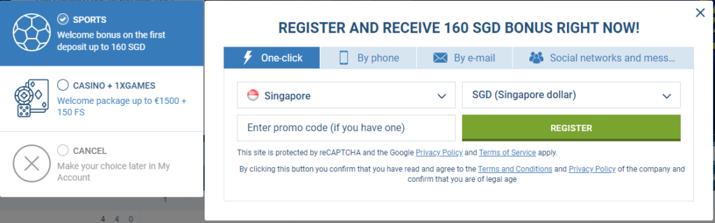 1click registration at 1xbet