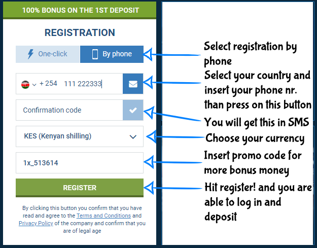 steps of signing up to 1xbet by phone