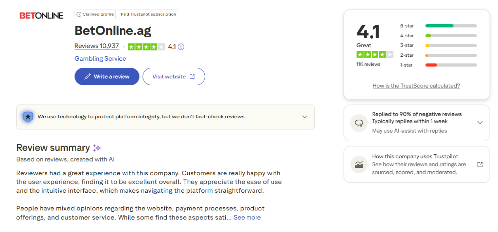 over 4 star rating of betonline from players