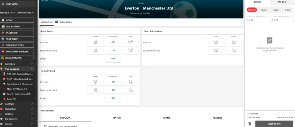everton vs manchester united soccer match odds at betonline